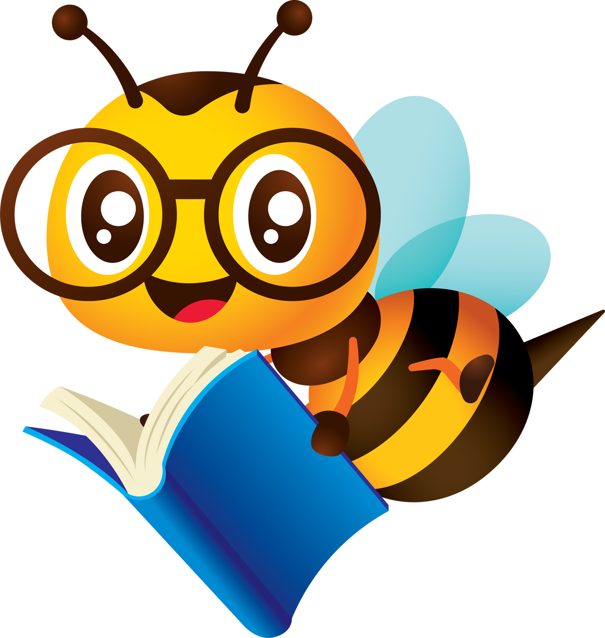 Cartoon cute bee with spectacles holding a blue colour book back to school character illustration